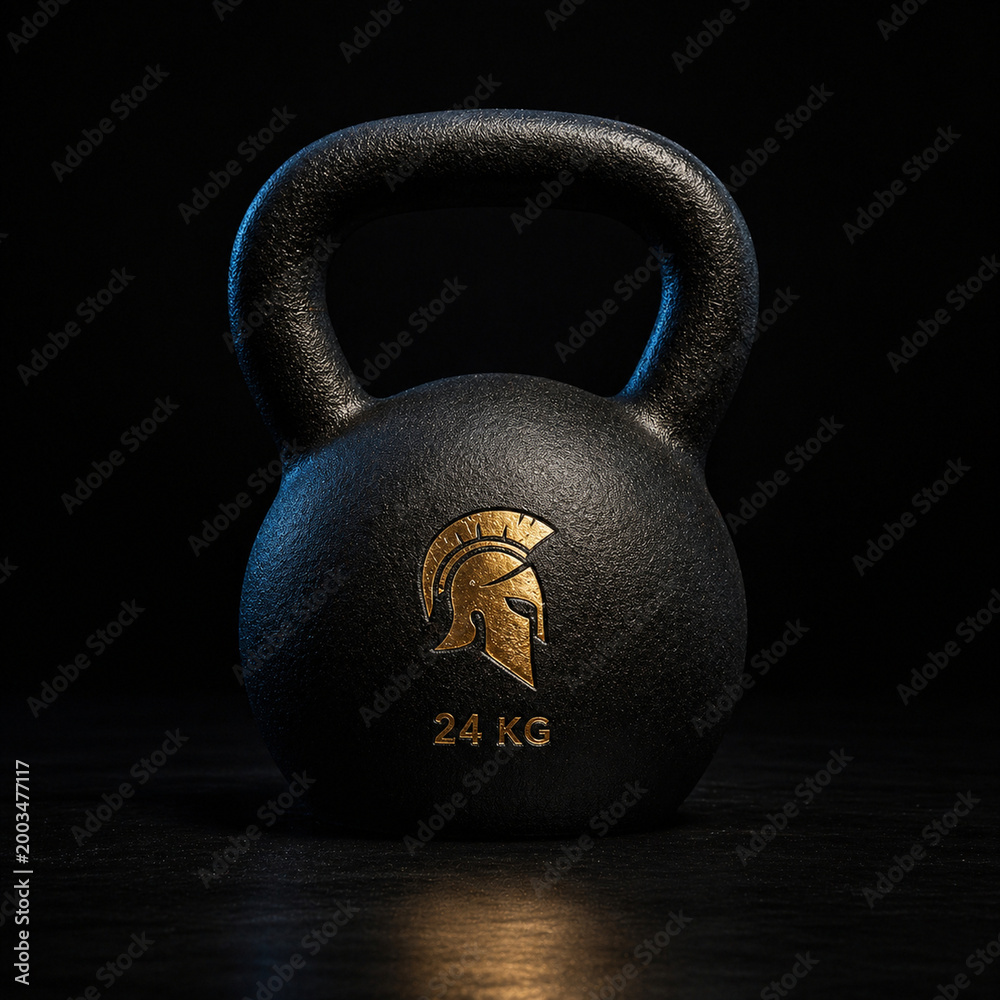 Naklejka premium Czarny kettlebell 24 kg ze złotym logo hełmu spartańskiego na ciemnym, teksturowanym tle.