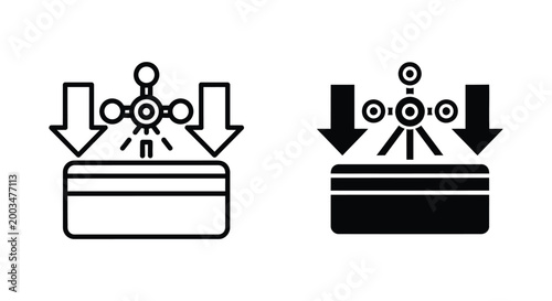 Credit card payment icon with falling arrows and abstract element symbolizing transaction in outline and solid
