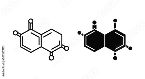 Chemical structure icon of quinone molecule in outline and solid black styles for science and research