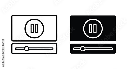 Minimalist vector icons representing media playback controls pause symbol and progress bar in outline and solid black styles for digital interfaces and applications