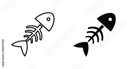 Stylized vector illustrations of a fish skeleton in outline and solid black forms representing a deceased aquatic creature or a warning symbol