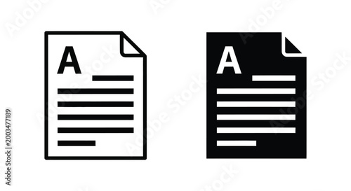 Vector icons depicting a document with the letter A and lines representing text in outline and solid black styles for content or writing concepts