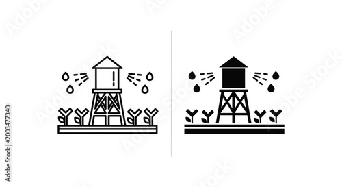 Water tower irrigation icon outline and solid fill versions presented side by side symbolizing agriculture and water supply
