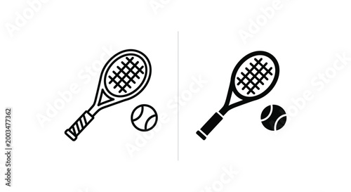 Tennis racket and ball icon outline and solid fill versions presented side by side representing sports and recreation