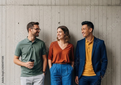 Three diverse colleagues standing and talking against a concrete wall