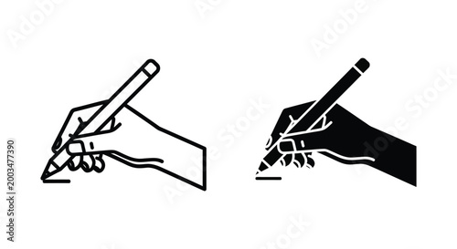 Hand writing with pencil icon in line drawing and solid fill styles for education and creativity concepts