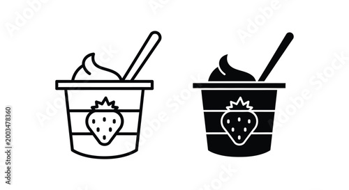 Strawberry yogurt cup icons with spoon and fruit detail in outline and solid styles for dairy desserts