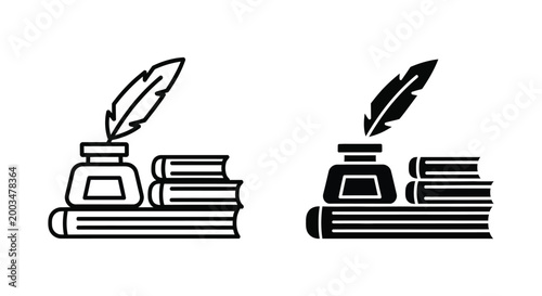 Quill pen inkwell and stacked books icons for literature writing and education in outline and solid styles
