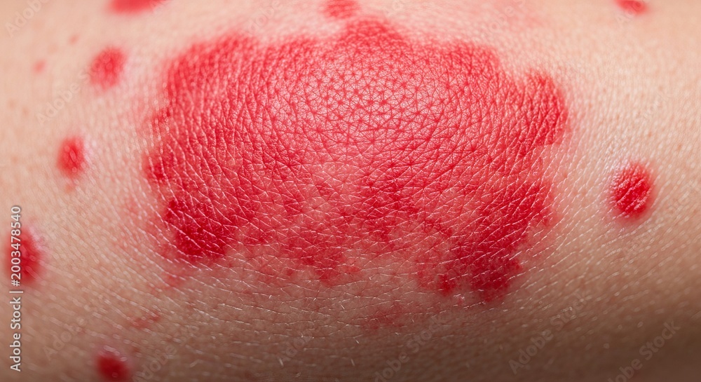 Fototapeta premium Close up view of psoriasis vulgaris red, itchy, scaly skin patches characterizing this condition