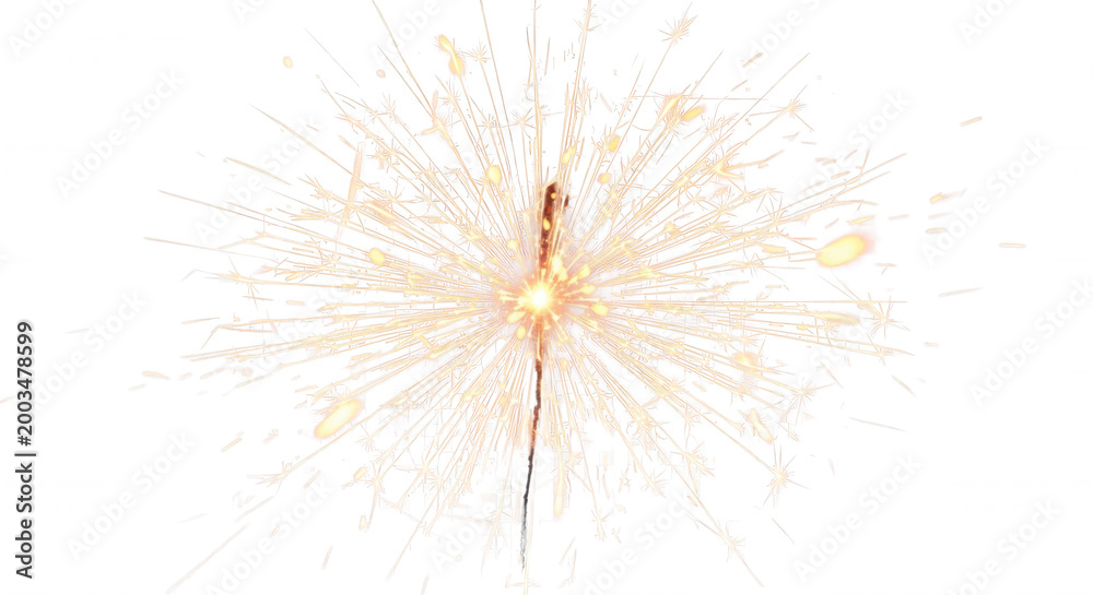 Fototapeta premium A bright, glowing sparkler emitting golden sparks and light rays in a starburst pattern against a solid black background