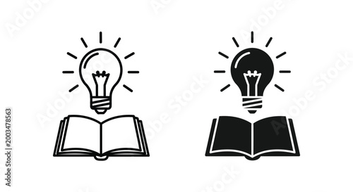 Lightbulb over open book outline and filled icon for knowledge and ideas