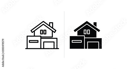 House with garage and chimney outline and filled icon for real estate and property