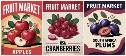 Vibrant fruit market signs display red apples, cranberries, and plums. Each photo features fresh produce with leafy greens and cut slices. Designs use bold fonts and warm backgrounds for visual appeal