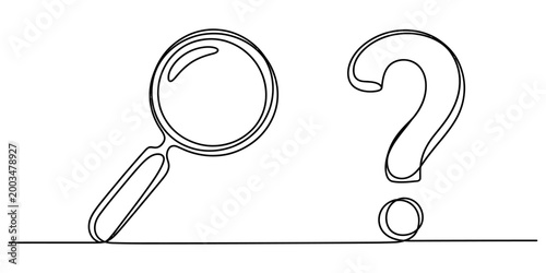 Magnifying glass and question mark drawn with a continuous single black line as a minimalist conceptual illustration for search and inquiry Vector, illustration