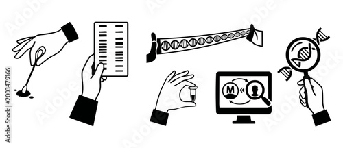 DNA Testing and Genetic Analysis Icons Set, Laboratory Hands Holding Medical Equipment, Scientist Researching Biological Samples, Vector Illustration for Biotech Healthcare or Forensic Science Diagnos