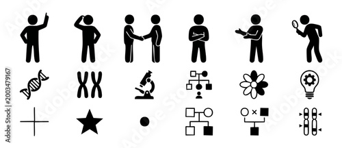 People Icons and Biology Research Symbols Set for Infographics, black vector shapes isolated on white background, featuring scientists, laboratory equipment, genetics dna diagrams and professional act