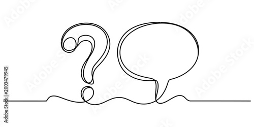 Continuous single line drawing of a question mark and a speech bubble representing communication and asking for information or ideas Vector, illustration