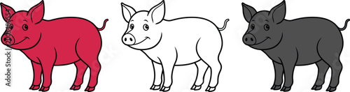 Colorful illustration of pigs in pink, black and white