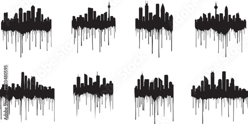 Black and white of abstract city skyline silhouettes buildings urban landscape