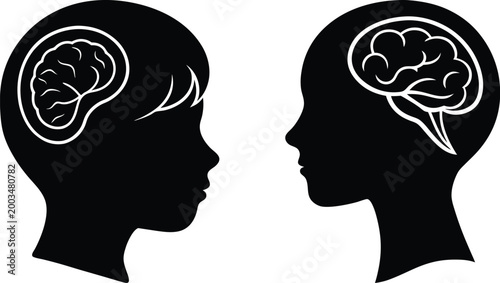 Two black silhouette heads with white outlined brains facing each other side profile