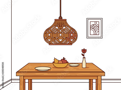 Rattan pendant lamp hanging above wooden dining table with minimal interior decor cozy home lighting design concept