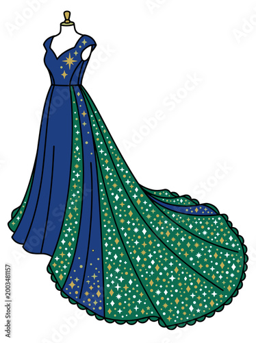 Long sparkling prom dress with flowing train on mannequin glamorous evening fashion luxury concept