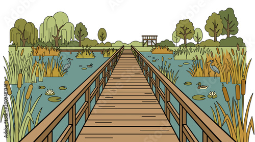 Wooden walkway leading through wetland park with reeds water birds and trees peaceful nature reserve landscape concept
