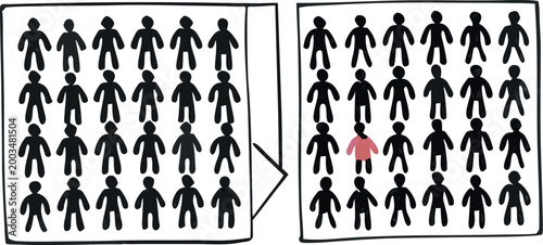 Hand drawn doodle of a group of people with one person highlighted in pink among many black stick figures in two boxes