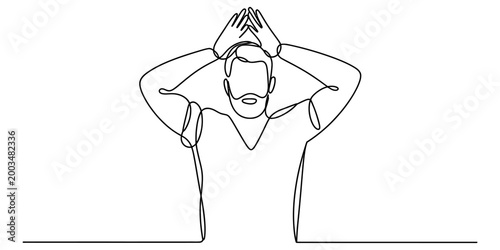 Continuous line drawing of a man holding his hands above his head in a relaxed pose showing a simple bearded male character sketch Vector, illustration