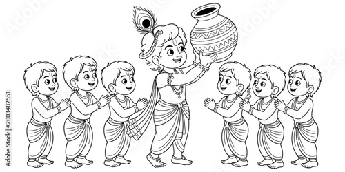 Little lord krishna holding a butter pot surrounded by happy children as a black and white line art drawing for kids coloring page Vector, illustration
