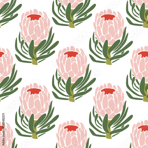 Geometric pastel pink hand drawn protea seamless pattern 