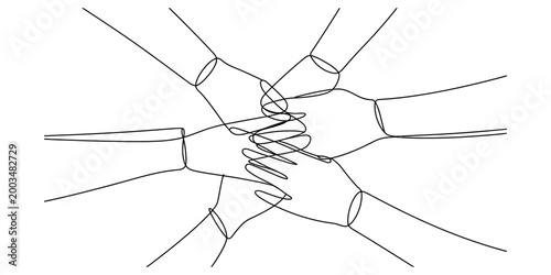 Group of people joining hands together in a circle as a symbol of unity and teamwork drawn in a simple continuous line art style Vector, illustration