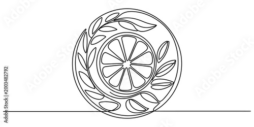 Continuous single line drawing of a lemon slice inside a circular frame with leaves for food and drink logo design element Vector, illustration