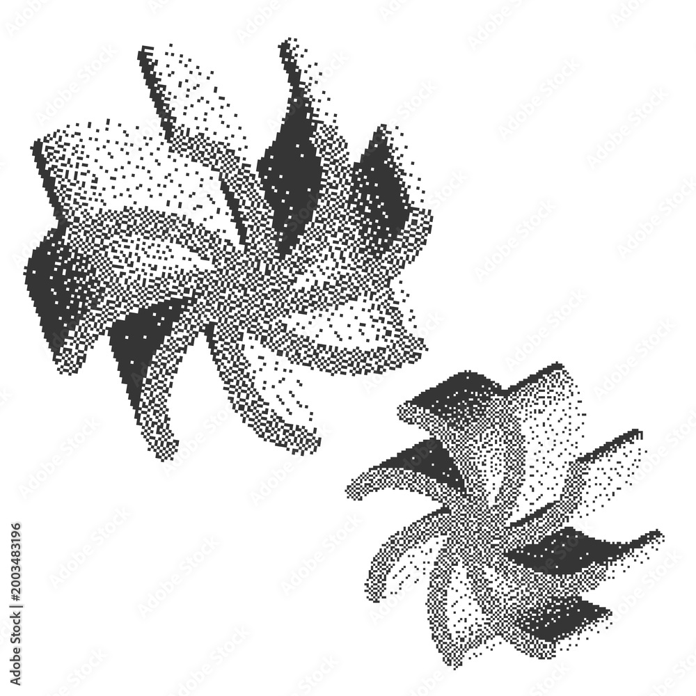 Naklejka premium Elementos gráficos abstractos con textura de partículas y estilo digital futurista. Abstract geometric shapes collection with glitch and halftone effect isolated on white background.