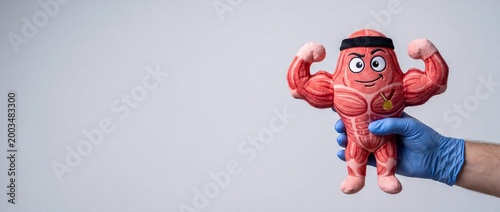 Gloved hand holding a powerful plush muscle toy with a medal, fitness and physiology concept with copy space