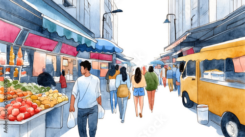 Bustling city market scene with diverse shoppers and vendors
