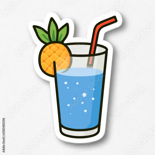 Refreshing blue drink with pineapple garnish and red straw