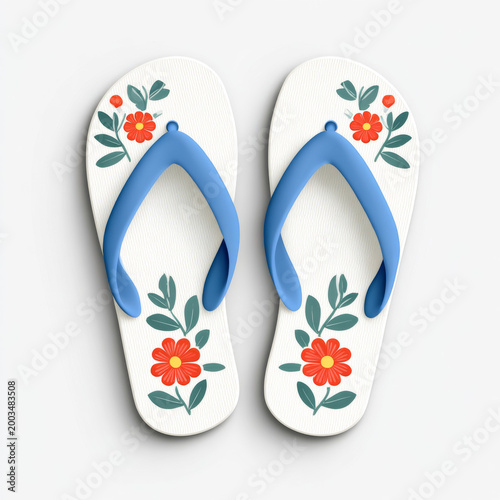 White flip flops with blue straps and floral design on clean background