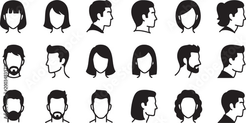 Black and white of various hairstyles and head shapes, isolated silhouettes profiles
