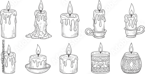 Cozy candlelight and burning wax collection, set of hand-drawn vector candles for aromatherapy and memorial designs