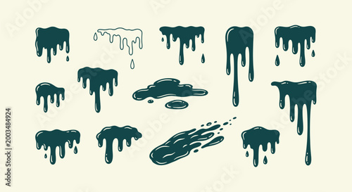 Foto Collection of hand drawn dripping liquid paint slime and goo splatters set dark