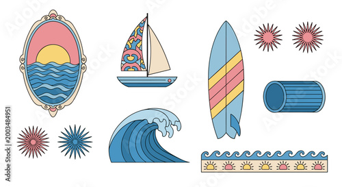 Retro groovy summer vacation elements and beach vibes including surfboard sailboat and wave.