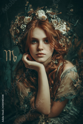 Portrait of a woman as Virgo zodiac sign in a magical forest at night, mystical astrology character, spiritual connection