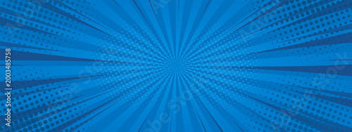 Blue background with radial rays and dots. Comic abstract blue background. Vector EPS 10.