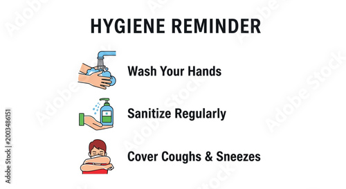 Essential hygiene reminder poster showing handwashing, sanitizing, and covering coughs and sneezes to prevent illness