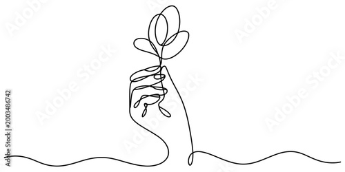 Continuous single line drawing of a human hand gently holding a small growing plant representing ecology and nature conservation Vector, illustration