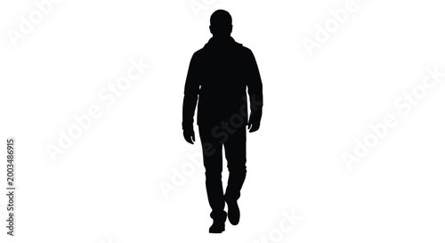 Full body black silhouette of a man walking forward, isolated on a pure white background.