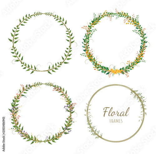 Set of elegant round floral wreaths on a white background. Frames with summer and spring flowers and twigs. Wreaths for invitations or various designs. Vector EPS 10.