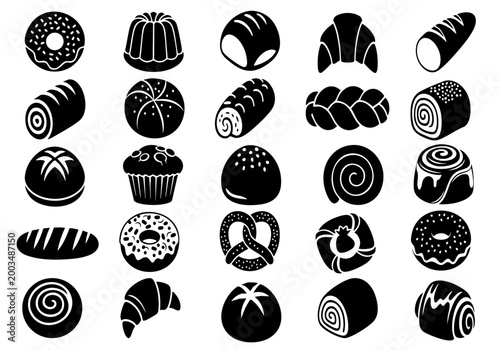 Black Bakery, Rolls, Buns, Donuts, Pastry Rolls, Donuts, Croissants Vector Silhouette Icons Food Pack Set