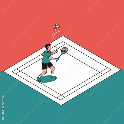 Man playing badminton on court hitting shuttlecock with racket.